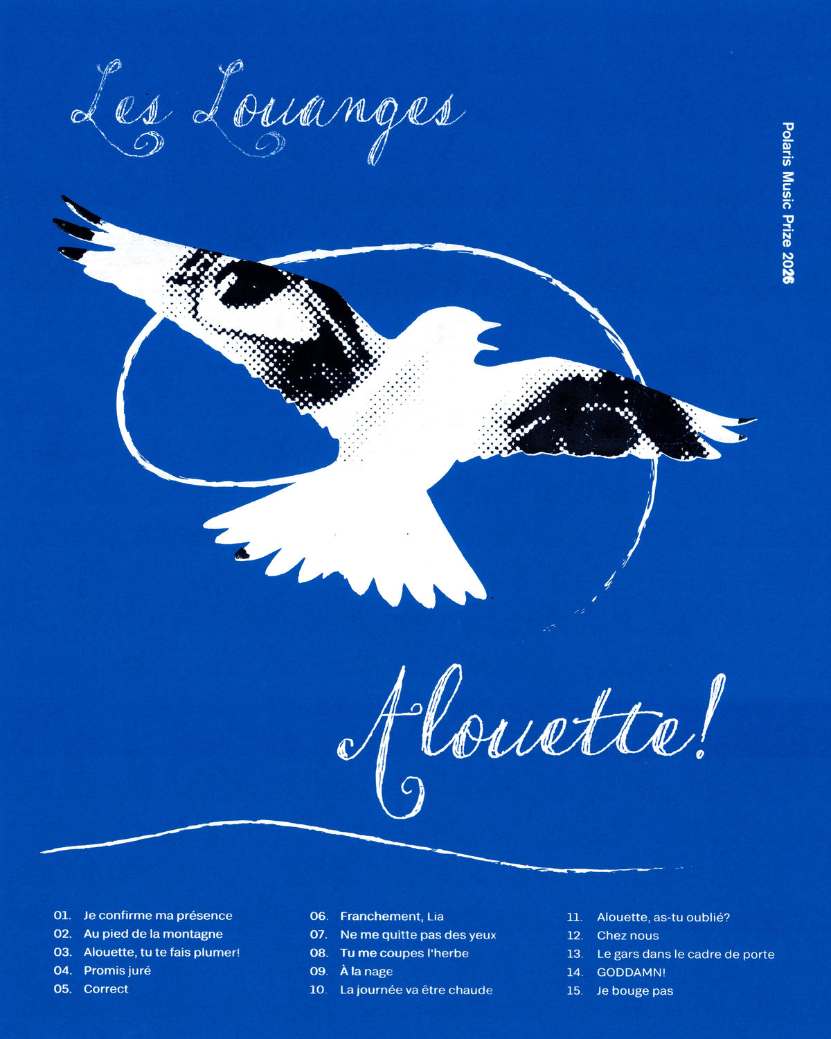 "Alouette!" — Les Louanges — scan of a hand screen-printed Polaris Music Prize 2026 poster
